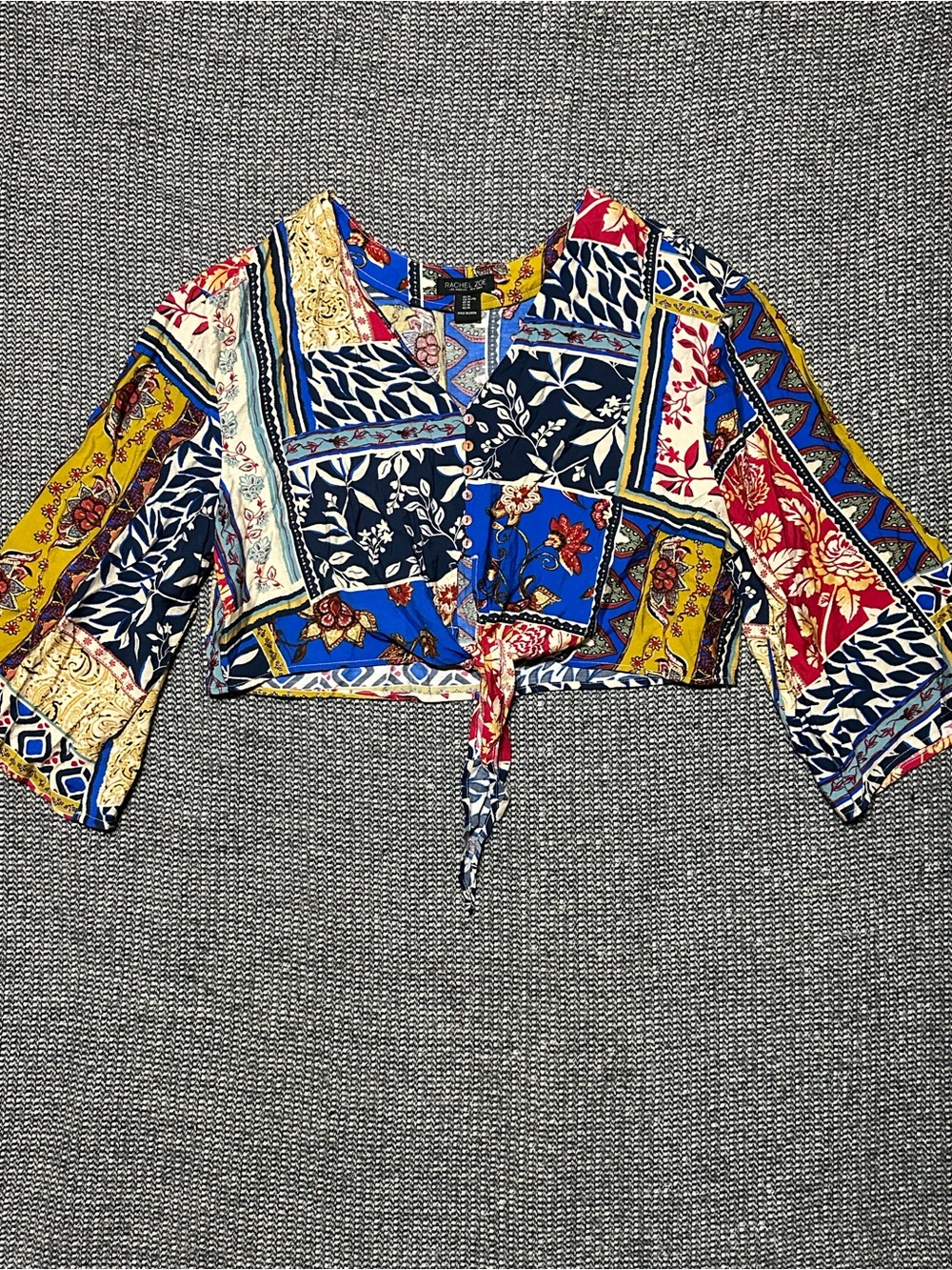 Rachel Zoe Patchwork Tie-Front Crop Top - Blue, Red, Yellow